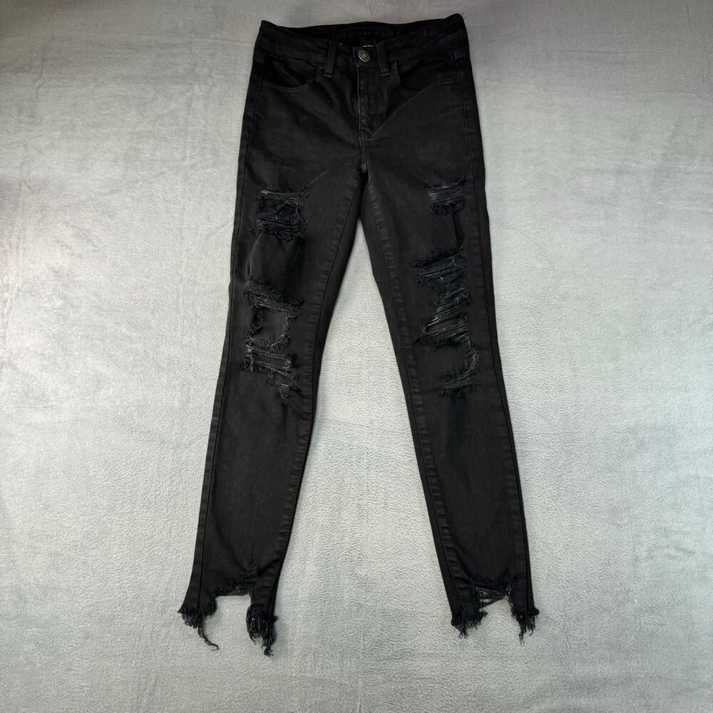 American Eagle Jeans Womens Jeggings Black Distressed Denim Hi-Rise Chewed Hem 2